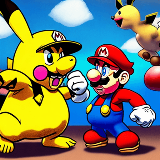 AI generated: buff mario playing games with buff pikachu