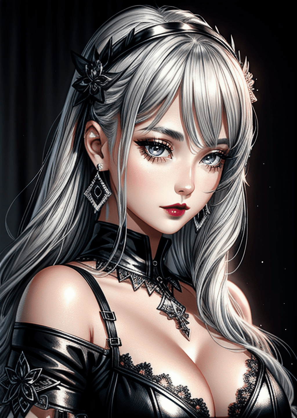 AI generated: Portrait of a pretty young goth girl, black lipsticks, black eyeliners, silver-white hair, big round...