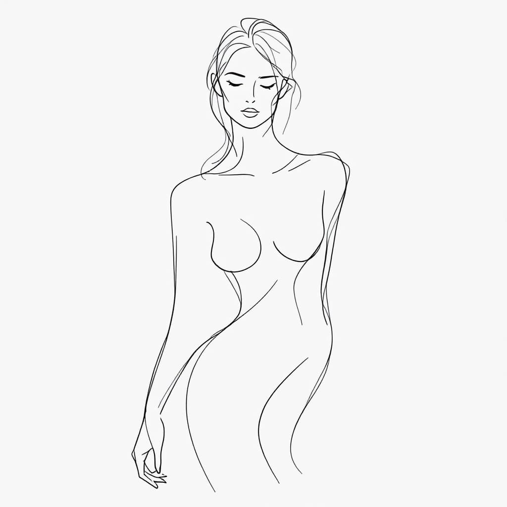 AI generated: Create a minimalist, abstract sketch of a woman, using very basic and delicate lines to define her f...
