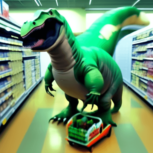 AI generated: Hyper realistic Giant T Rex Dinosaur inflatable costume in supermarket, shopping pushing trolly fill...