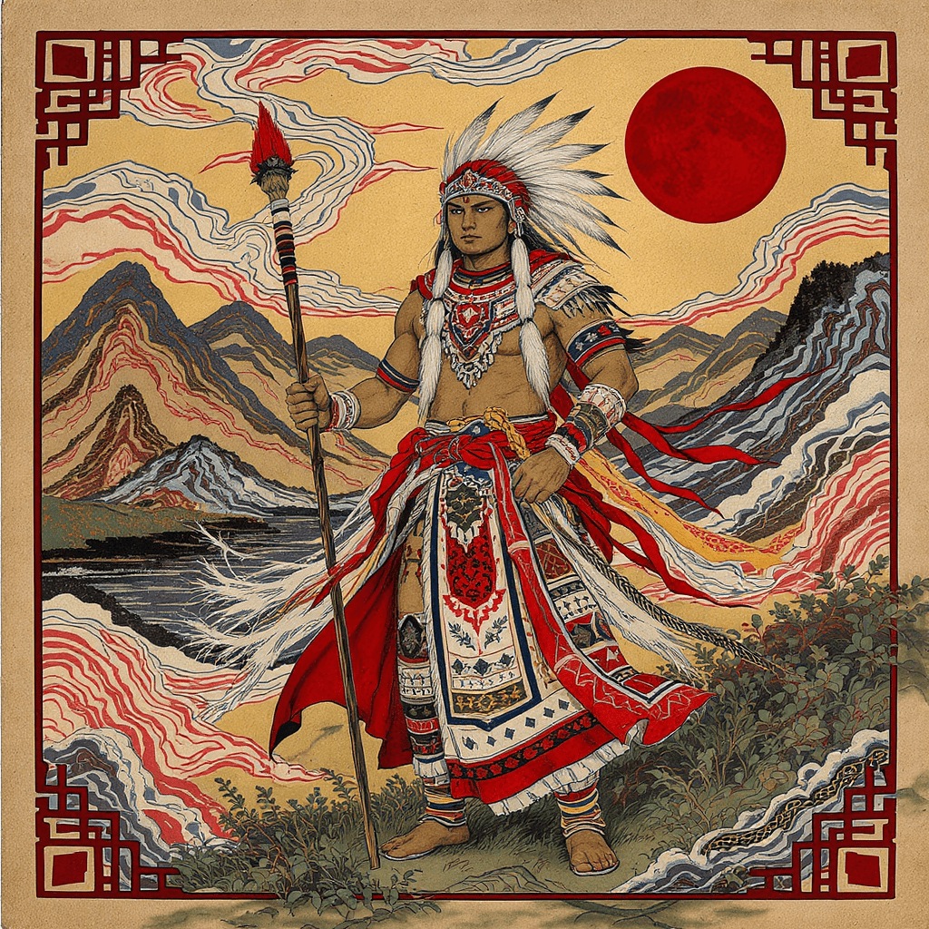 AI generated: Centered image. 400 pixels. Everything must fit within the frame. a standing Indian in Haida art sty...