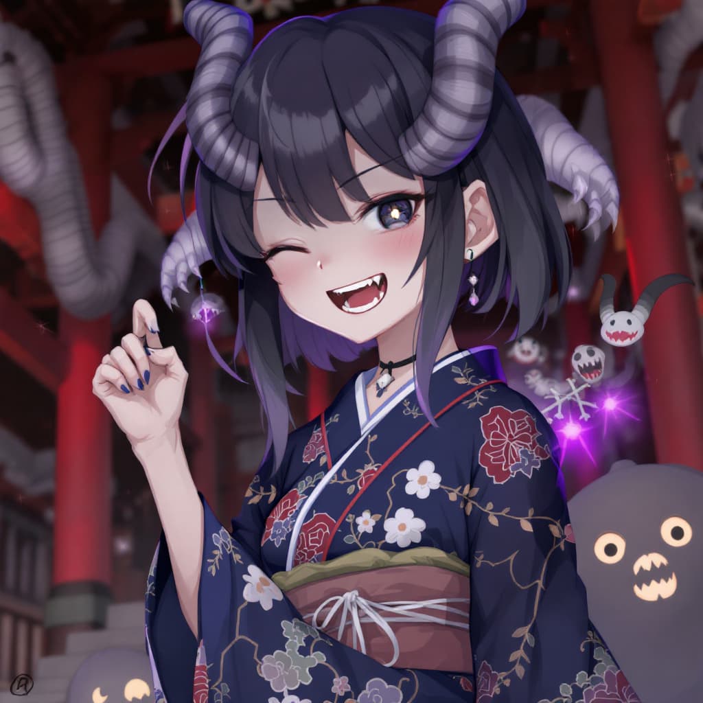 AI generated: monster girl, solo, oni girl, horns, kimono, japanese temple, spirits, yokai, vampire teeth --ar 4:5...