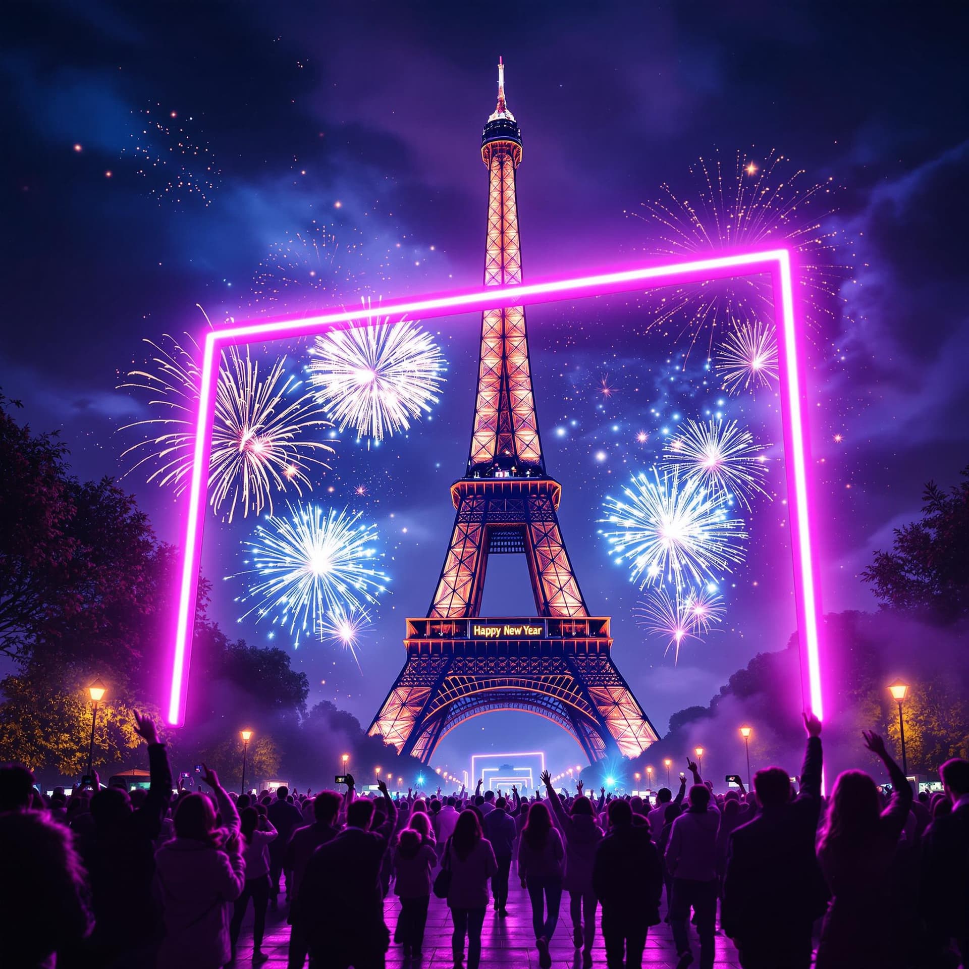 AI generated: Create a lively and festive image of people celebrating New Year's Eve in Paris in front of the Eiff...