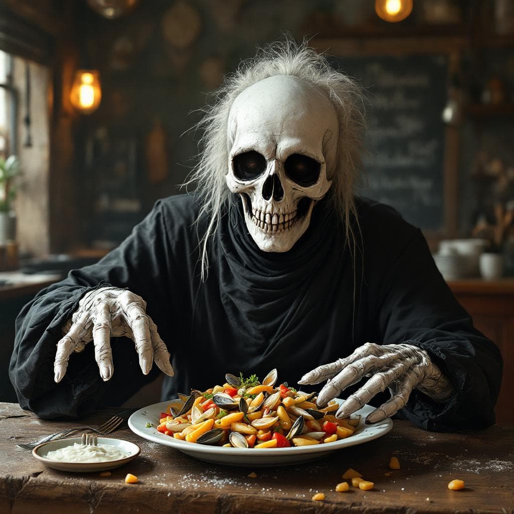 AI generated: Quiero la imagen de la muerte ofreciéndome un plato de almejas recién hecho. La imagen tiene que ser...