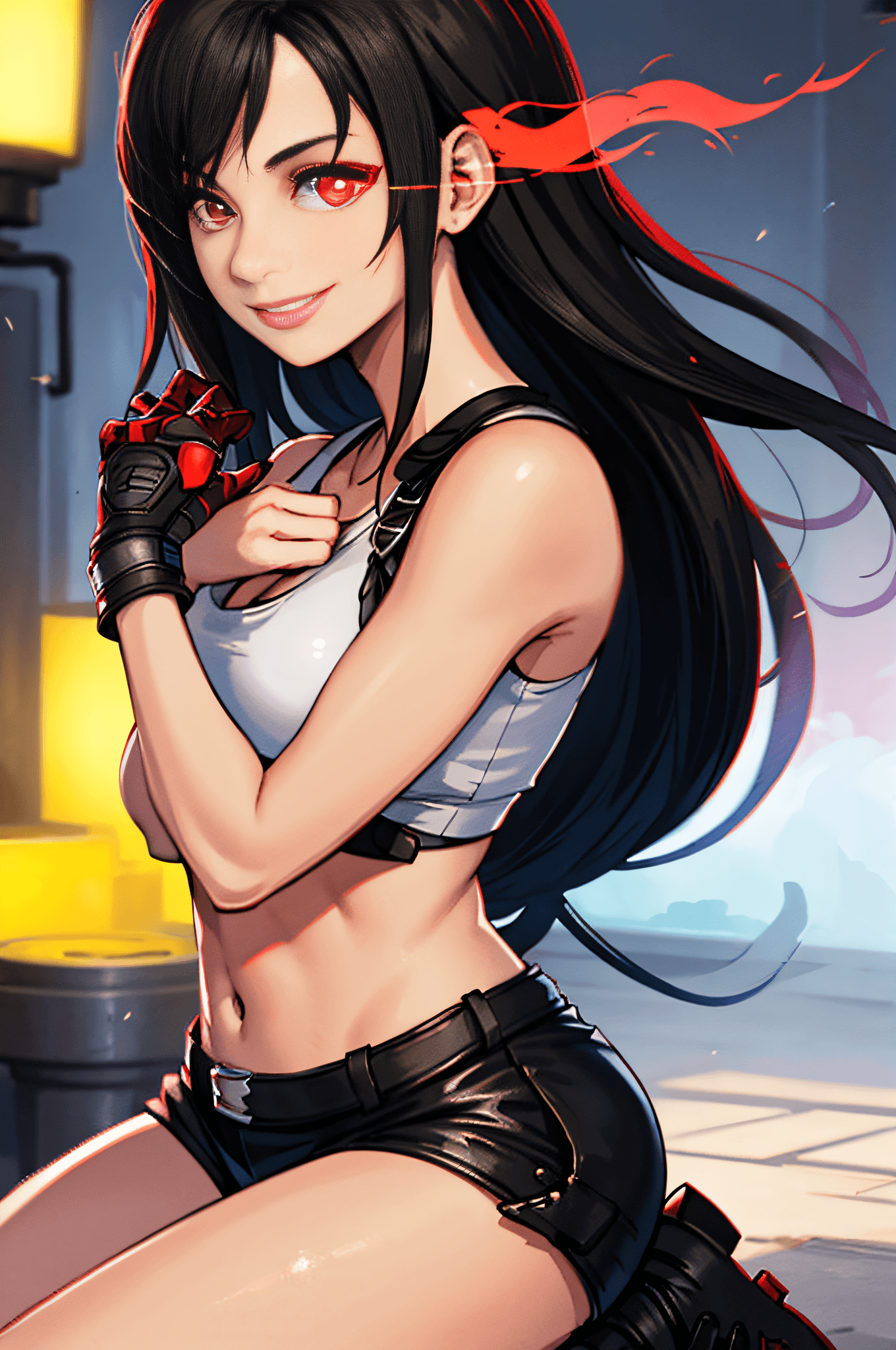 AI generated: masterpiece, best quality, portrait of tifa lockhart, 1girl, solo, red flaming eye, red eye trail, f...