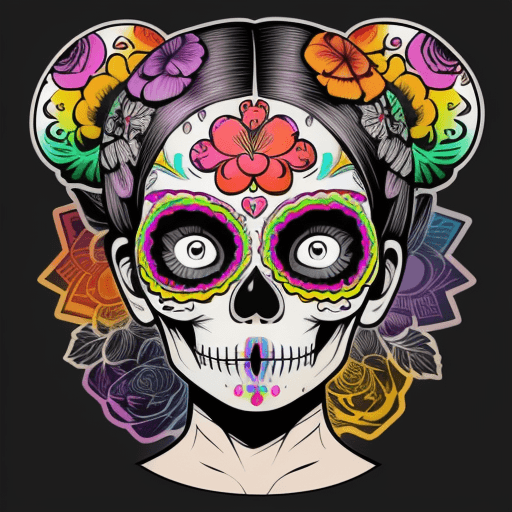 AI generated: A detailed colorful art print of a sugar skull with an illustration of a brain drawn on its forehead...