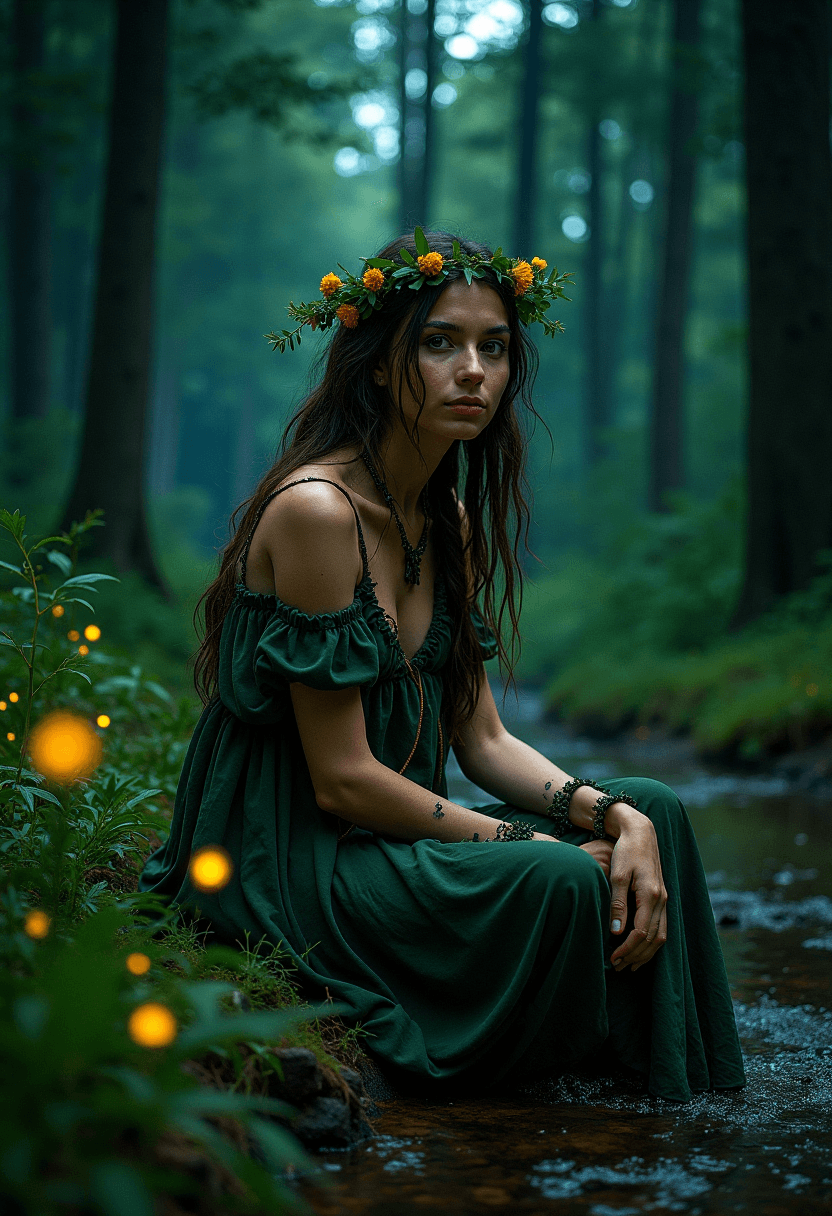 AI generated: Forest witch of stunning beauty sits on the banks of a small forest creek at night. wearing a forest...