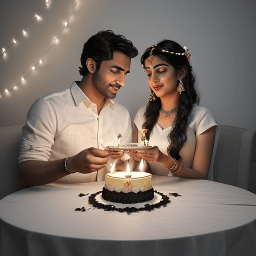 AI generated: Create ab3d illustration where Lord Shiva and Parvati are enjoying a romantic candle light dinner, h...