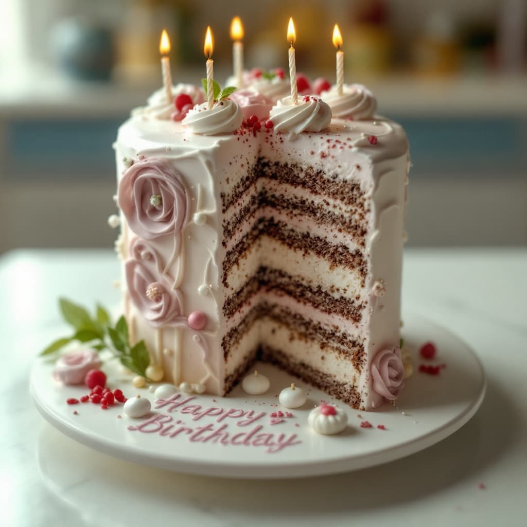 AI generated: hyper realism, high detail, cake, and a birthday card that says Anna

