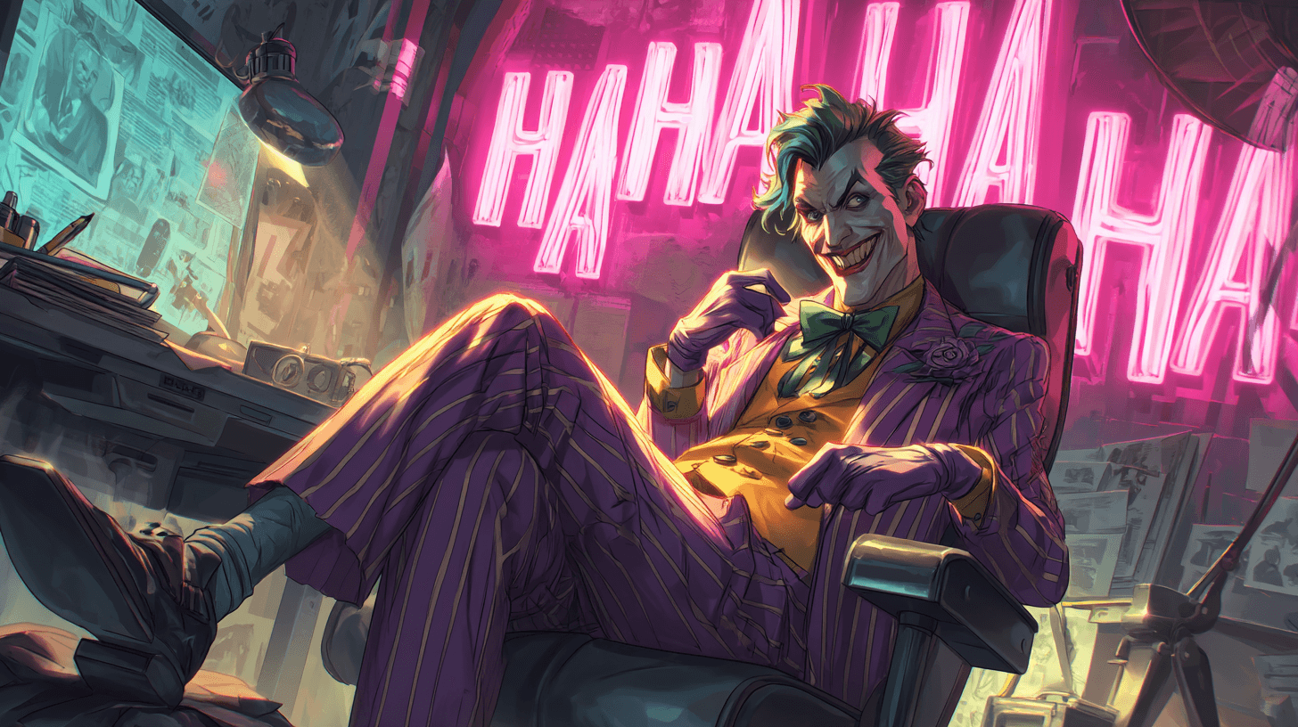AI generated: The Joker, a male adult with Caucasian features, is depicted in a dimly lit, stylized office setting...