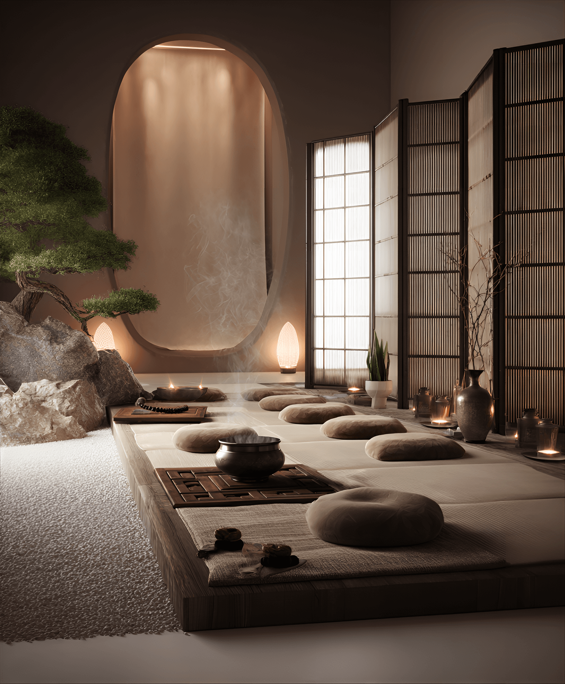 AI generated: photography, a serene meditation room featuring a zen garden, floor cushions, and bamboo dividers, c...