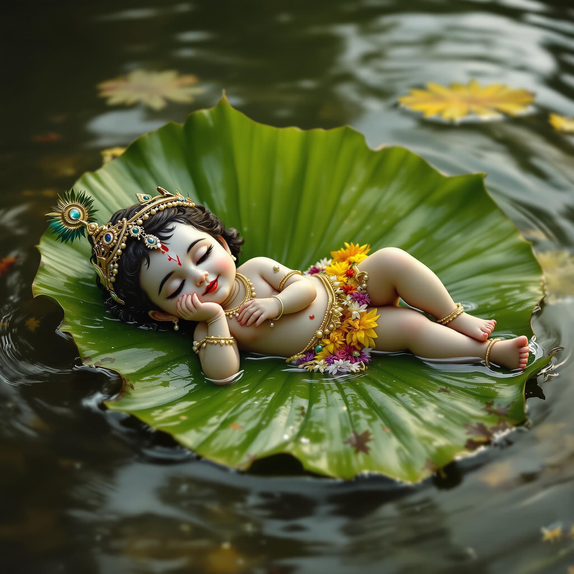 AI generated: Indian god baby Krishna without dress lying on the leafe .Leafe in the water photo graph full hd.