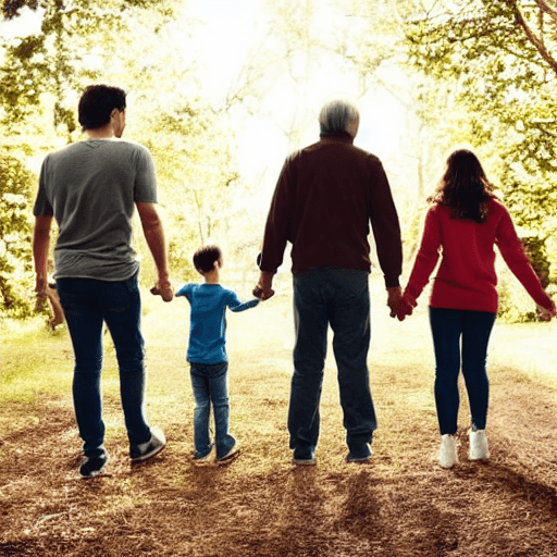 AI generated: father holding hands with his male son and female daughter walking through time and watching them gr...