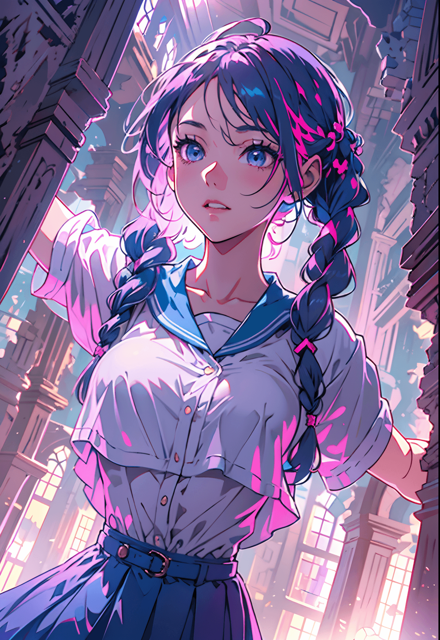 AI generated: masterpiece, best quality, mid shot, front view, concept art, 1girl, blue school uniform, pretty, pi...
