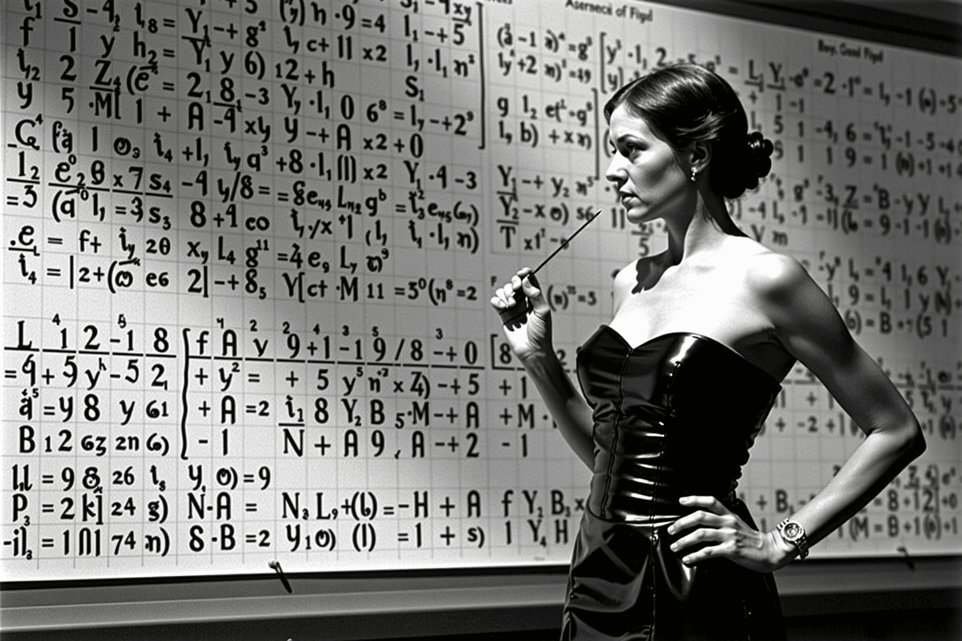 AI generated: Die Quantenphysikerin: Vor einer riesigen Tafel voller komplexer Gleichungen steht eine Physikerin. ...