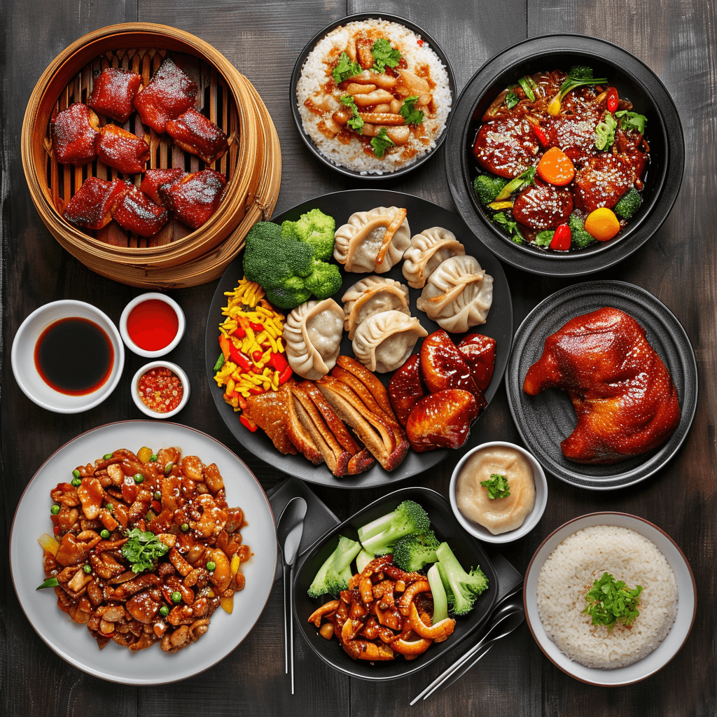 AI generated: A realistic image of a table set with a variety of Chinese food items, including dumplings, Peking d...