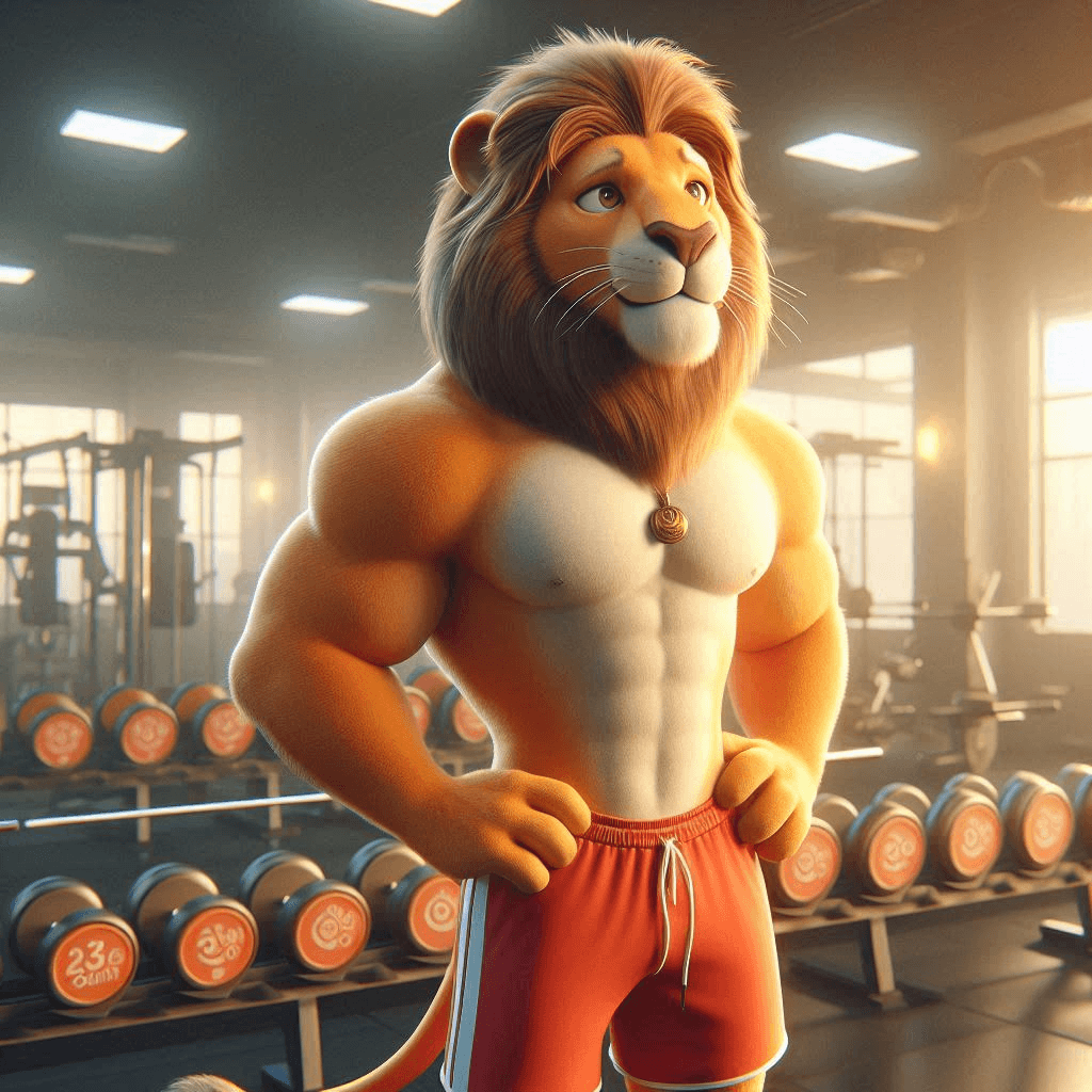 AI generated: 3D animation of a lion in gym shorts standing and lifting weights in a gym, his face relaxed and his...