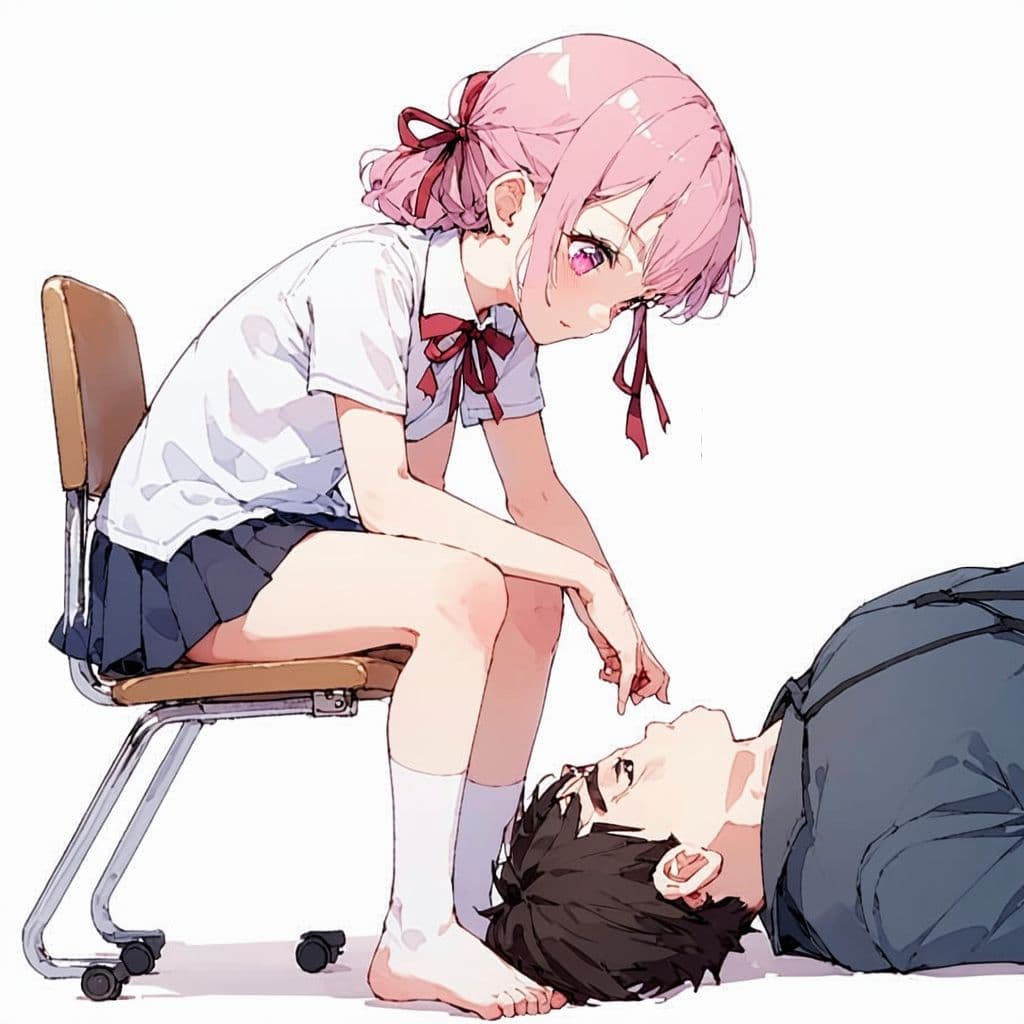 AI generated: Realistic photography of Natsuki sitting on a chair next to her male teacher on the floor. Natsuki f...