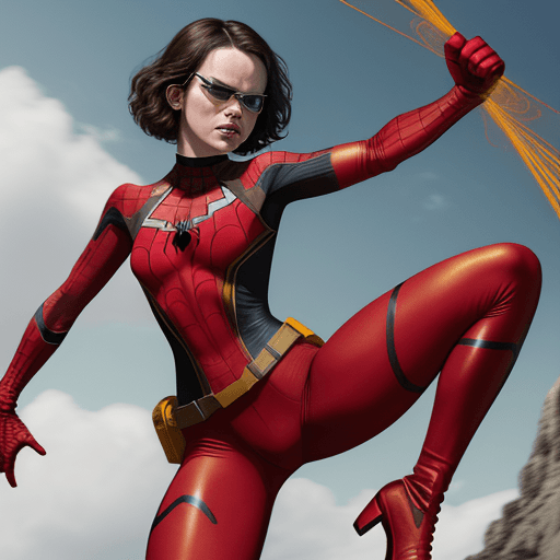AI generated: DAISY RIDLEY IN A SPIDER-WOMAN COSTUME, THAT IS RED SPANDEX, WITH YELLOW BOOTS AND GLOVES, WEARING R...