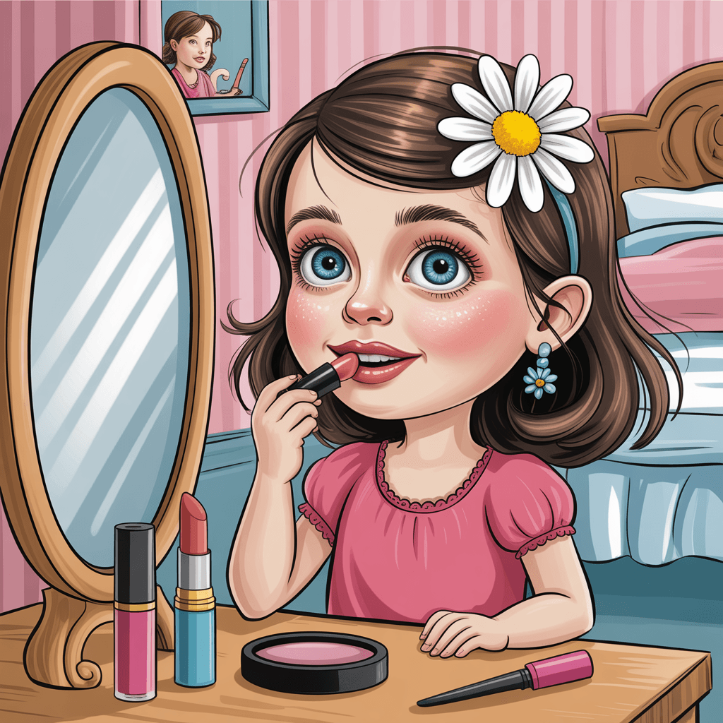 AI generated: Caricature.  whimsical, little lady, playing with moms lipstick, looking in the mirror while putting...