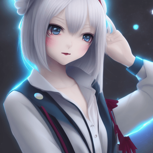 AI generated: Anime girl cute, white hair, short hair with long twin tails, blue eyes, sparkling eyes, looking at ...