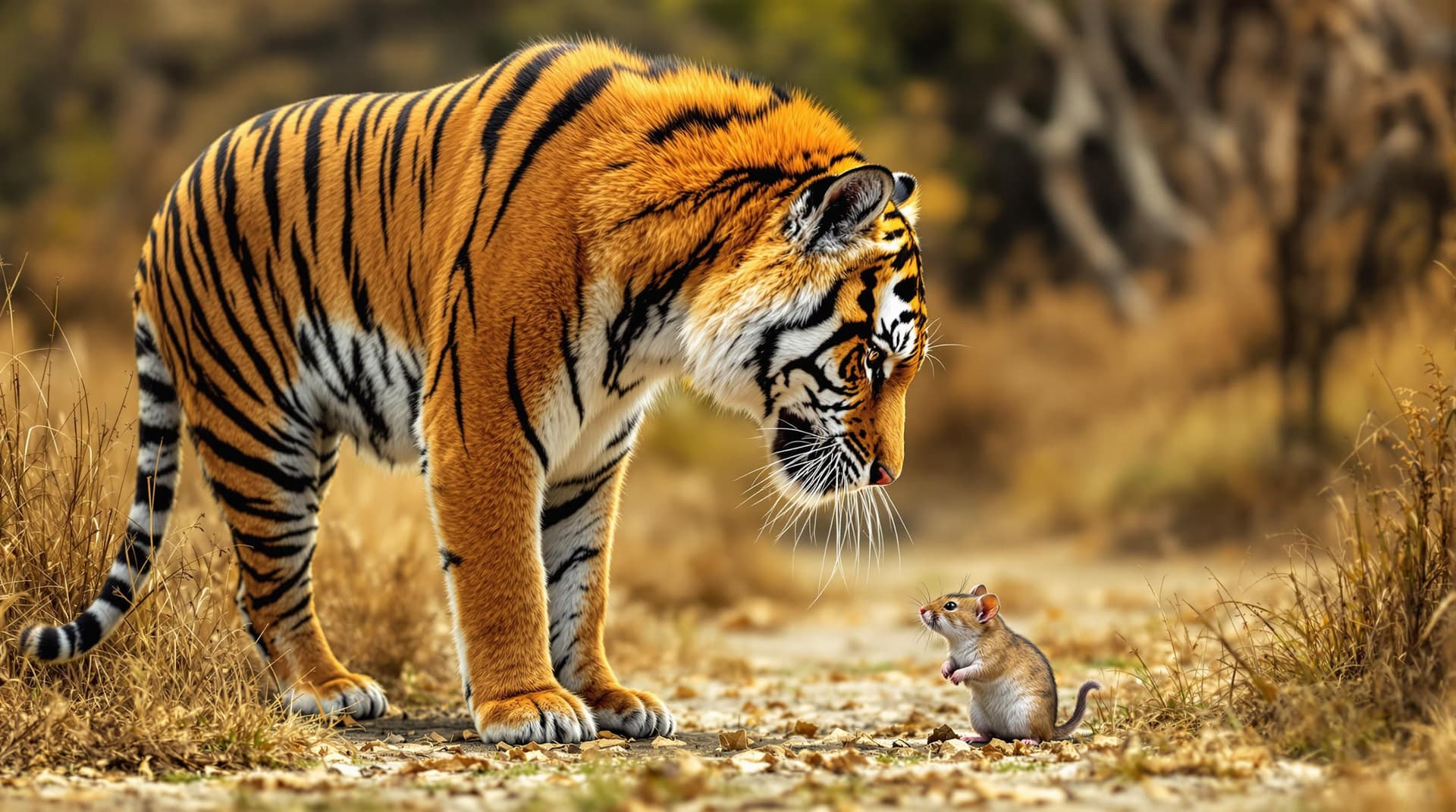 AI generated: a tiger standing by a mouse,the mouse's size is bigger than this tiger