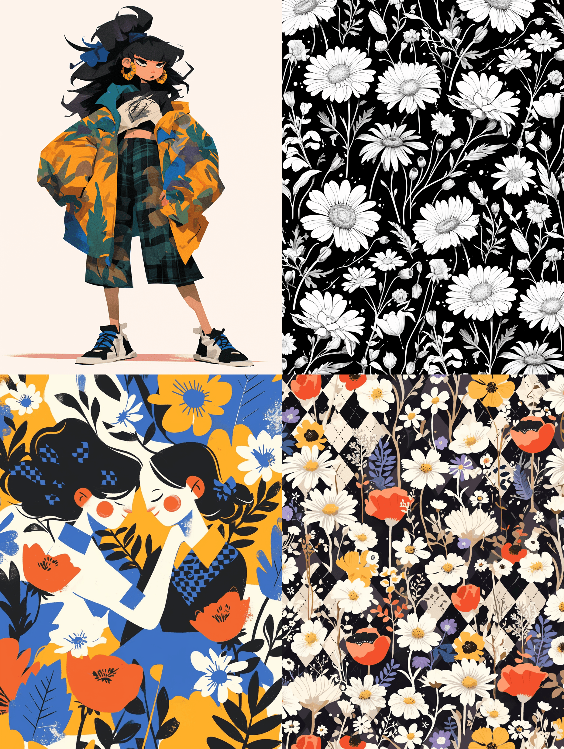 AI generated: argyle + daisy+ poppy+ marigolds pattern. bright jeweltones. Black & white cartoon drawing --s 180