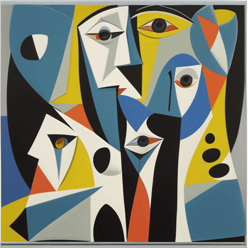 AI generated: In the style of Pablo Picasso, with cubist influence and dense forms, using fabric instead of paint,...