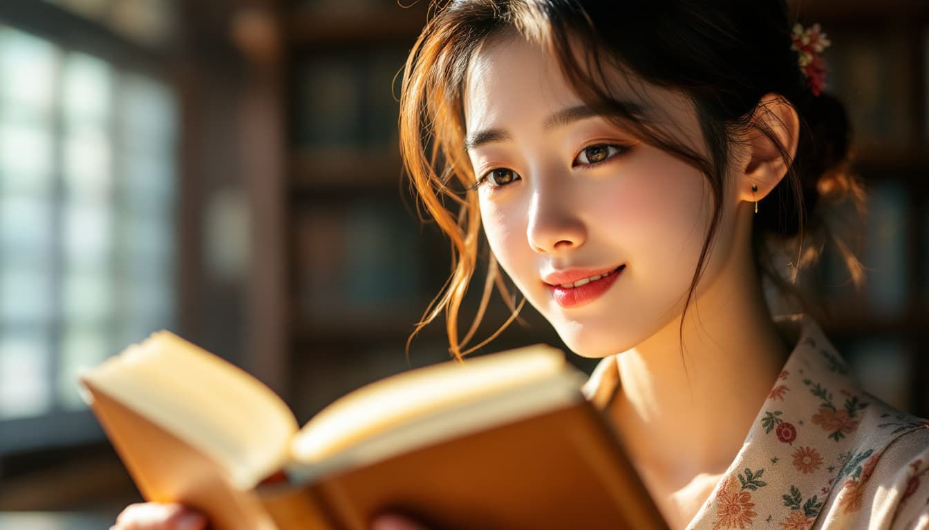 AI generated: Close-up of a Japanese girl reading a book in a traditional library, warm sunlight on her face, blur...