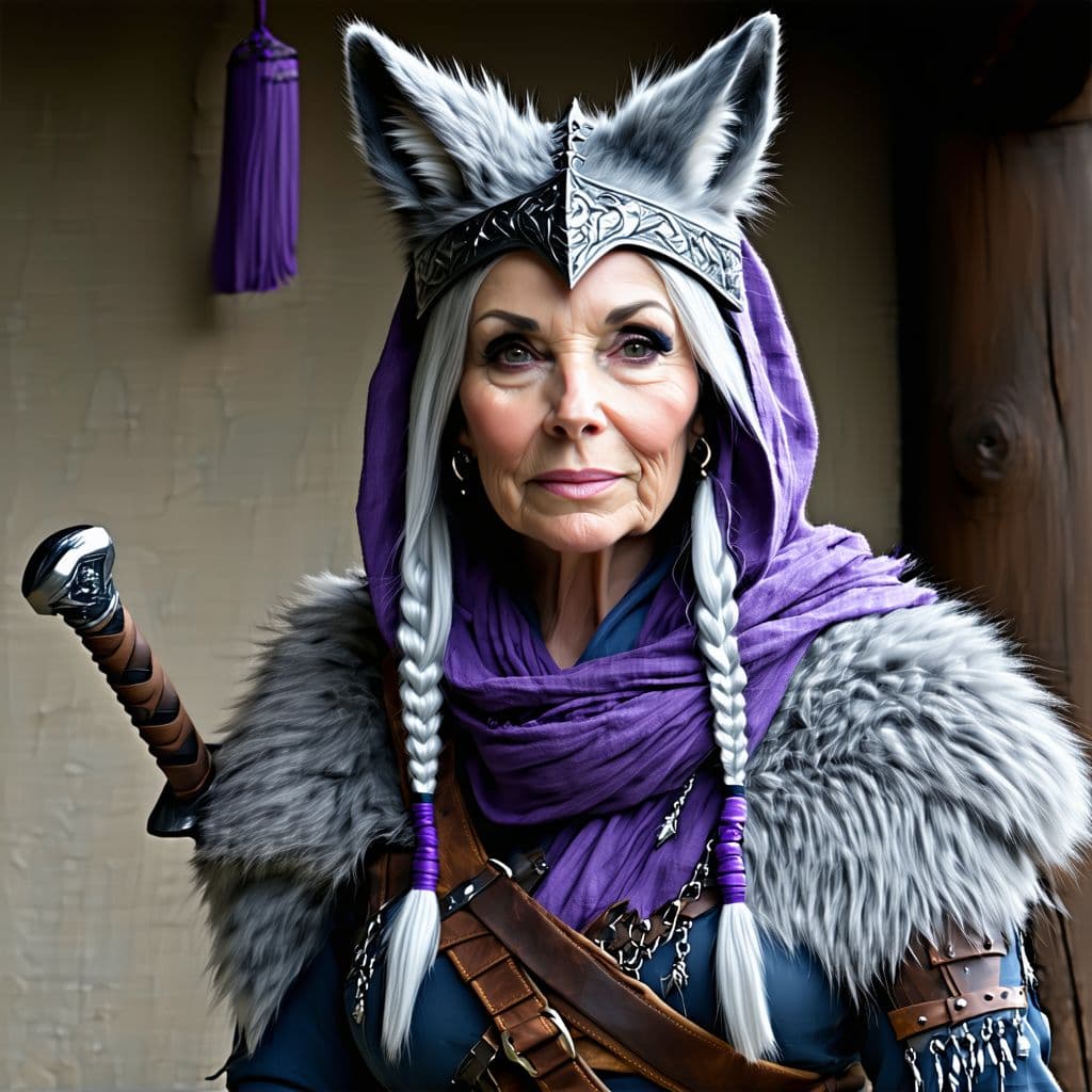 AI generated: harengon female rogue with gray fur with purple details
