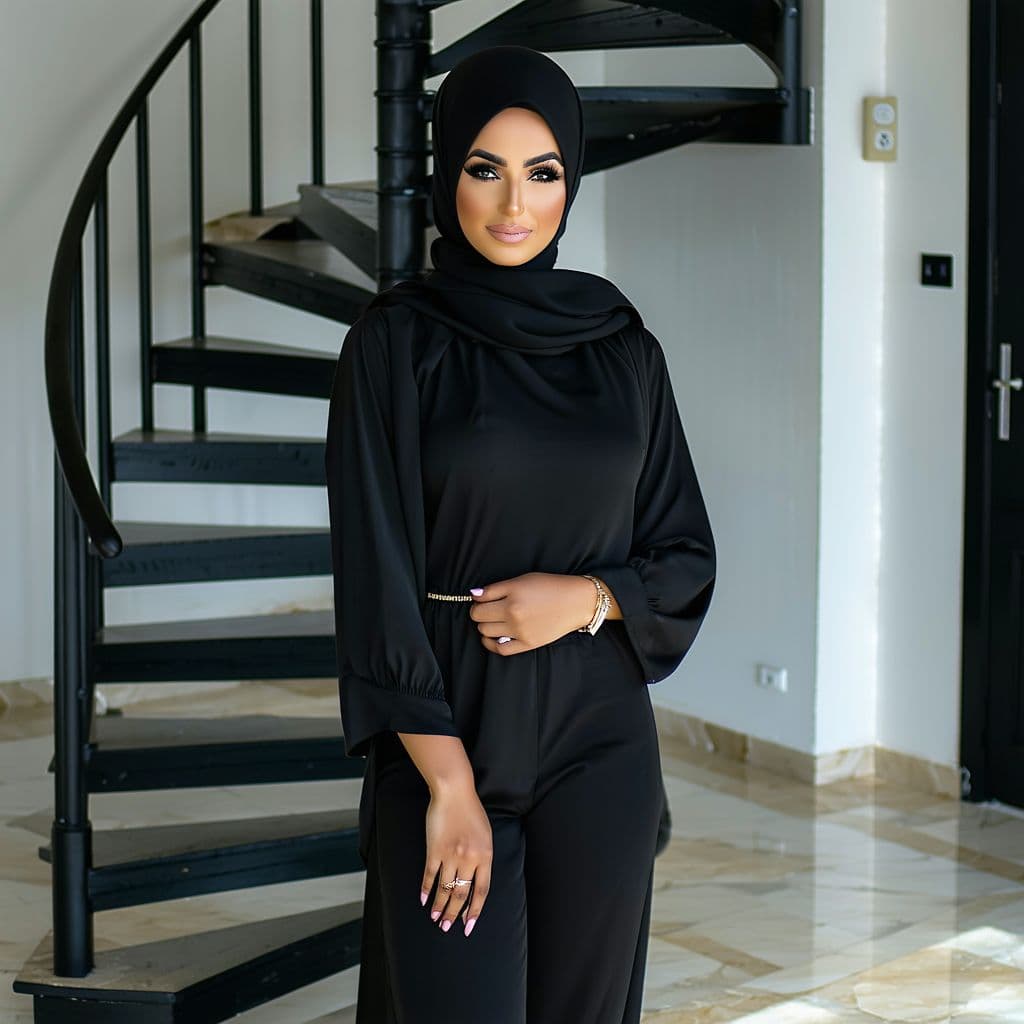 AI generated: full body portrait of lisa ann wearing black hijab in front of spiral staircase
