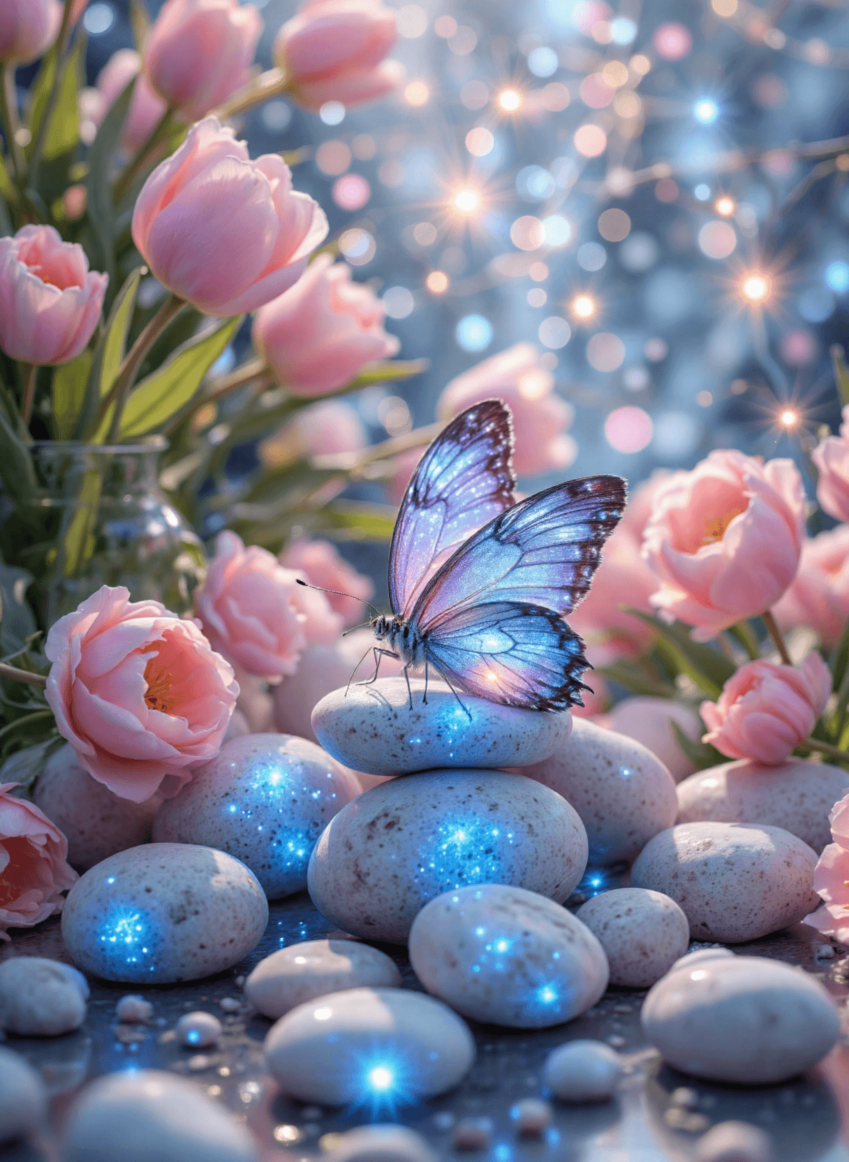 AI generated: The image depicts a serene and enchanting scene featuring a butterfly resting on smooth, blue, lumin...