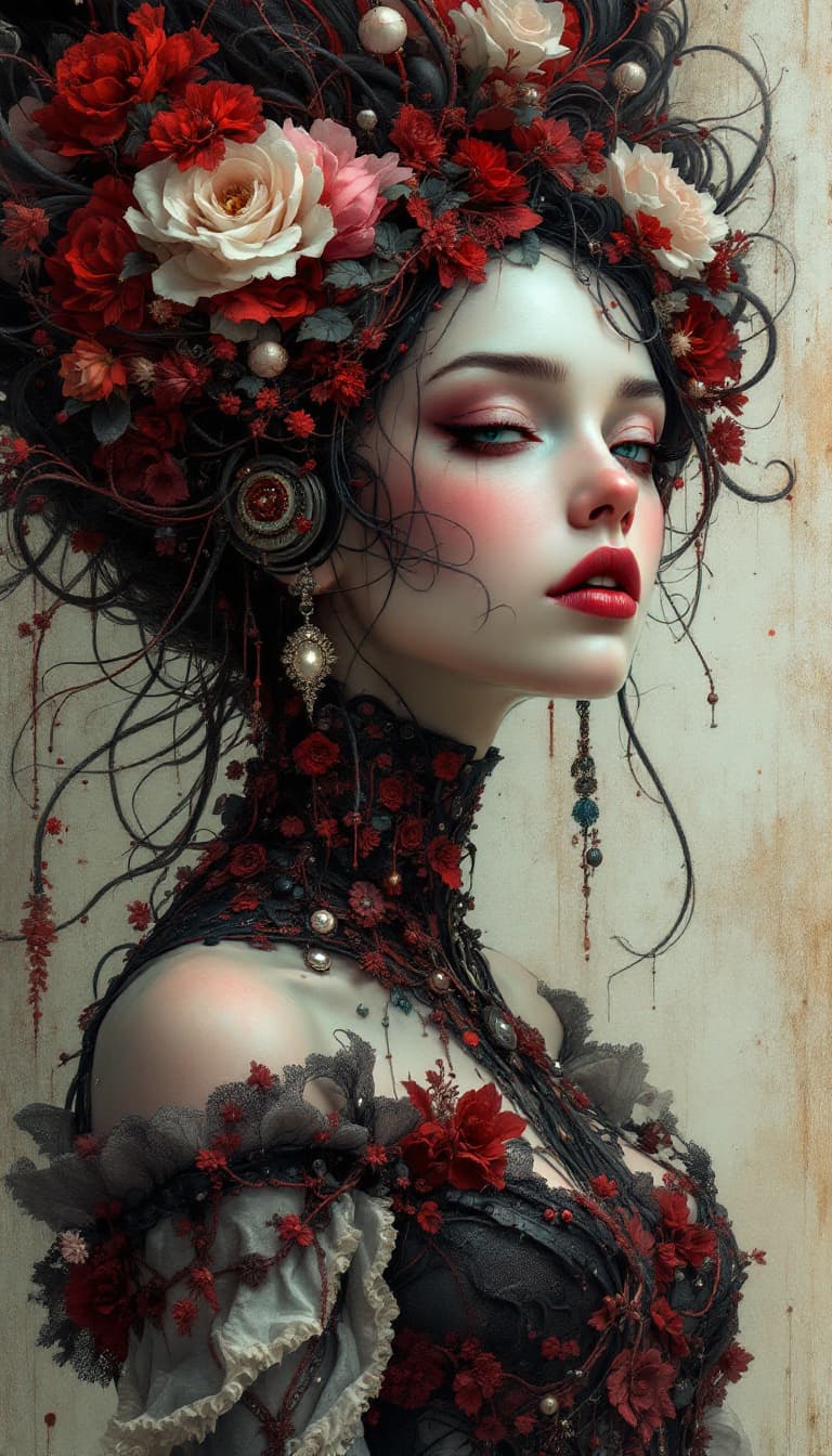 AI generated: Baroque Style, dreamlike hyperdetailed grunge art fantasy illustration featuring a victorian female ...