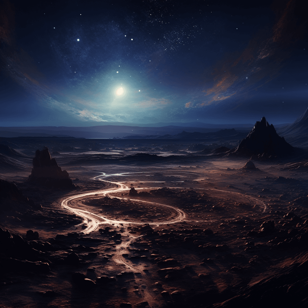 AI generated: A dark, alien landscape with small craters and rocky terrain under the glow of a distant star in spa...