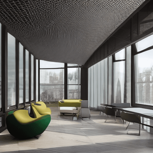 AI generated: hyper realistic photo of company office interior design, green house, living room atmosphere, glass,...