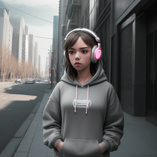 AI generated: masterpiece, girl alone, solo, incredibly absurd, grey hoodie, headphones, street, outdoor, sunny, n...