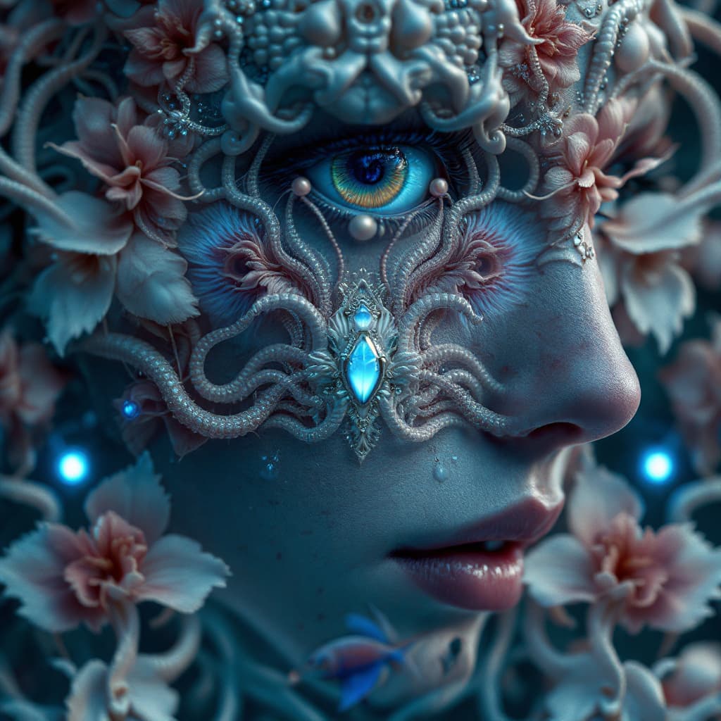 AI generated: Goddess close-up portrait ribcagel. jellyfish phoenix head, nautilus, orchid, skull, betta fish, bio...