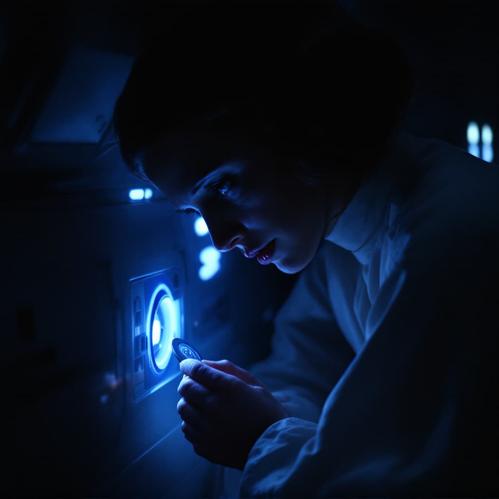 AI generated: "An ultra-detailed, cinematic scene of Princess Leia Organa crouched closely beside R2-D2 in the nea...