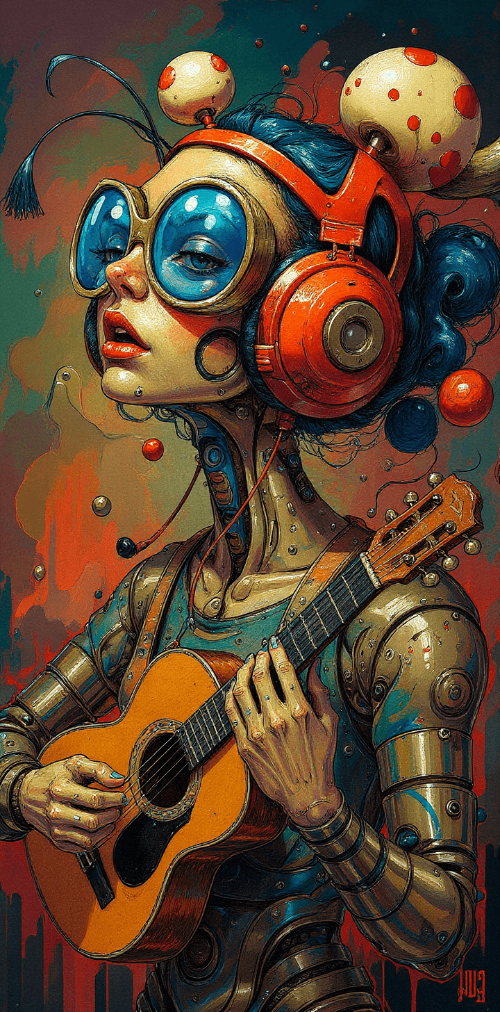 AI generated: People playing on guitar , with a futuristic-looking face, in the style of fantastical contraptions,...