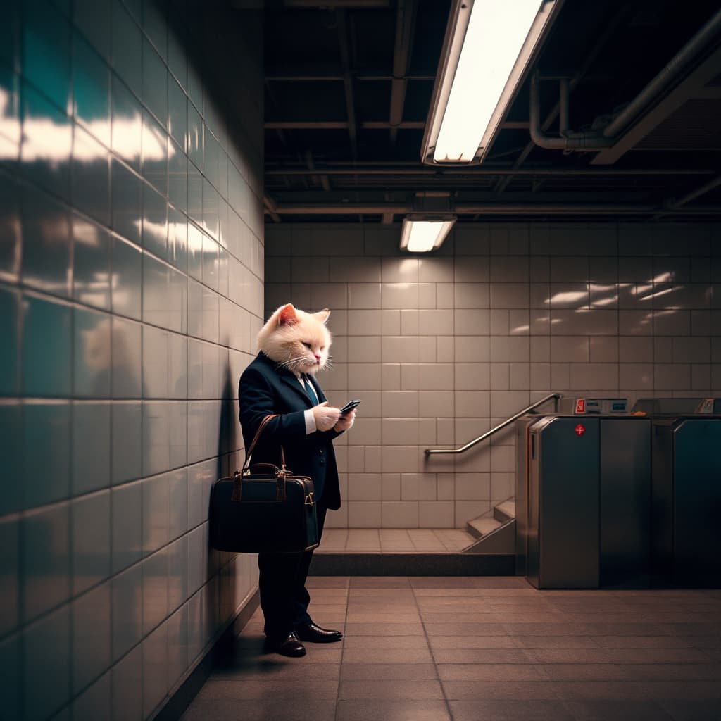 AI generated: an anthropomorphic cream cute cat wearing Suit, briefcase, cellphone, coffee standing alone in a sub...