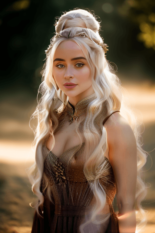 AI generated: a photo of a sabrina dressed as daenerys targaryen, gorgeous, attractive, flirting, (((full body vis...