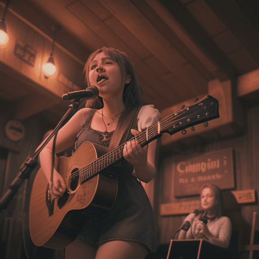 AI generated: In a cozy pub, a talented female singer - songwriter takes the stage, pouring her heart into heartfe...