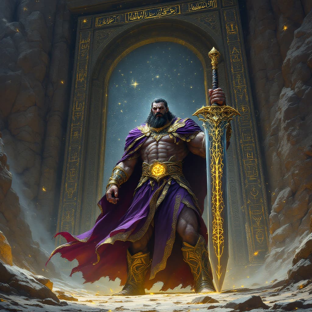 AI generated: A towering, 11-foot-tall guardian stands imposingly in front of a colossal, ornate gate carved into ...