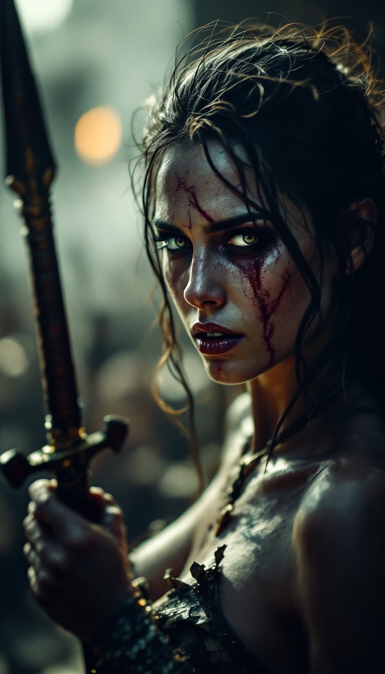 AI generated: high-resolution photograph, woman, ugly scar in the face, exposed body,  dramatic scene of old war, ...