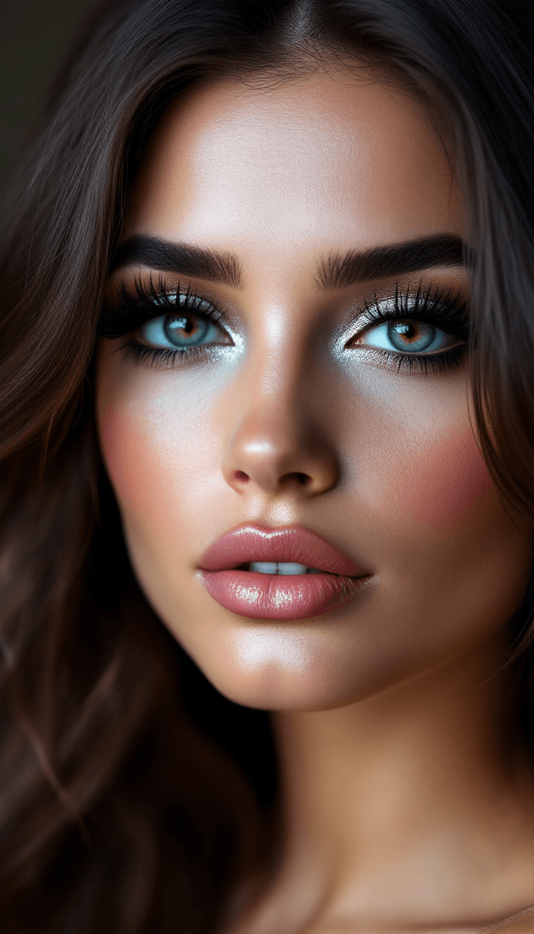 AI generated: a photo of a beautiful brunette woman with thick false eyelashes, thick black eyeliner, black eyesha...