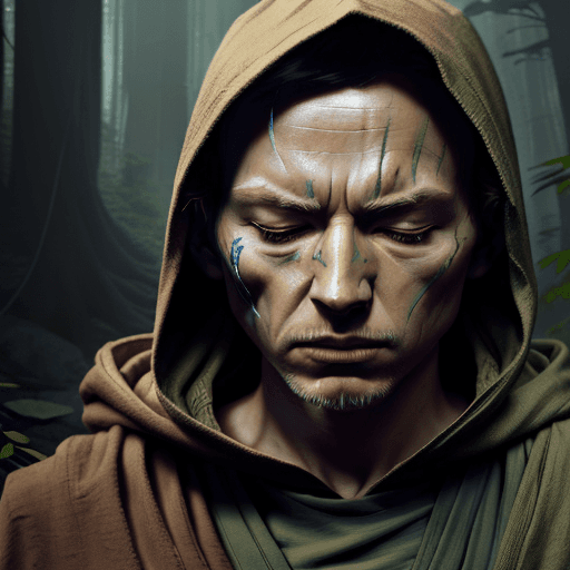 AI generated: A Jedi meditating after a battle in Endor, his skin shows fight wounds, his face is calm though tire...