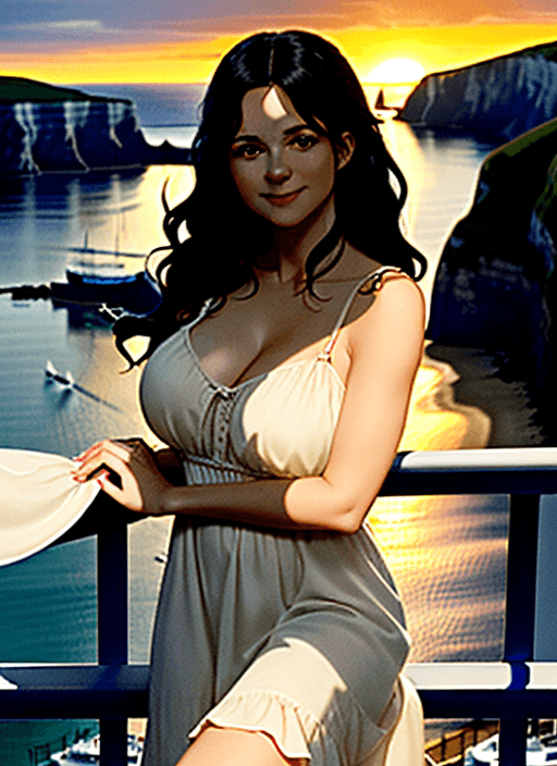 AI generated: A woman poses in a light-colored, sun dress, with one hand on a railing and the other on her thigh. ...