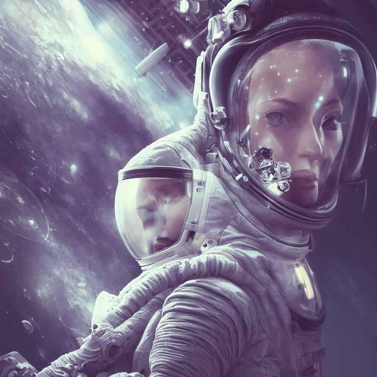 AI generated: hyperrealistic portrait of a woman astronaut, full body portrait, well lit,  intricate abstract. cyb...