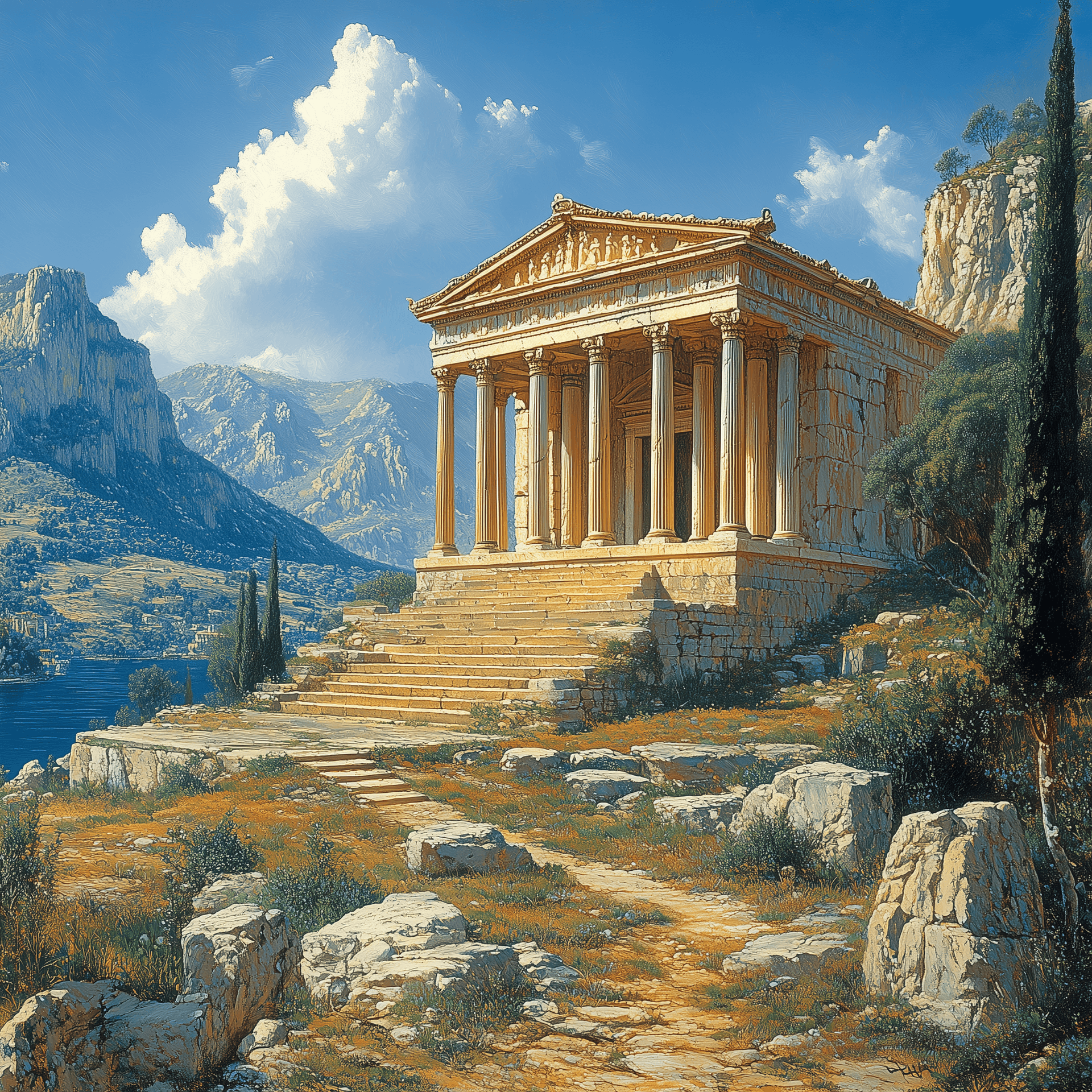 AI generated: A painting of the Temple at Larsonum in ancient Greece, designed by security artistz. The temple is ...