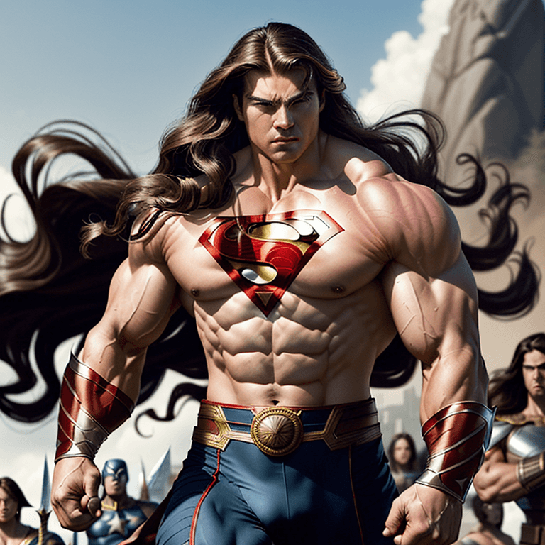 AI generated: a humanities last hope for freedom, strong, powerful, strong muscular savior, long flowing wavy retr...
